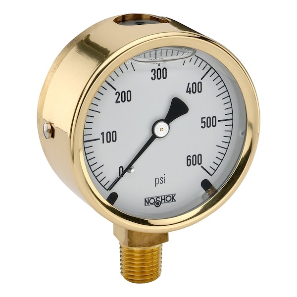 Pressure Gauge, 2.5" Brass Case, Copper Alloy Internals, 15000 psi, 1/4 NPT Male Bottom Conn, Glycerin Filled
